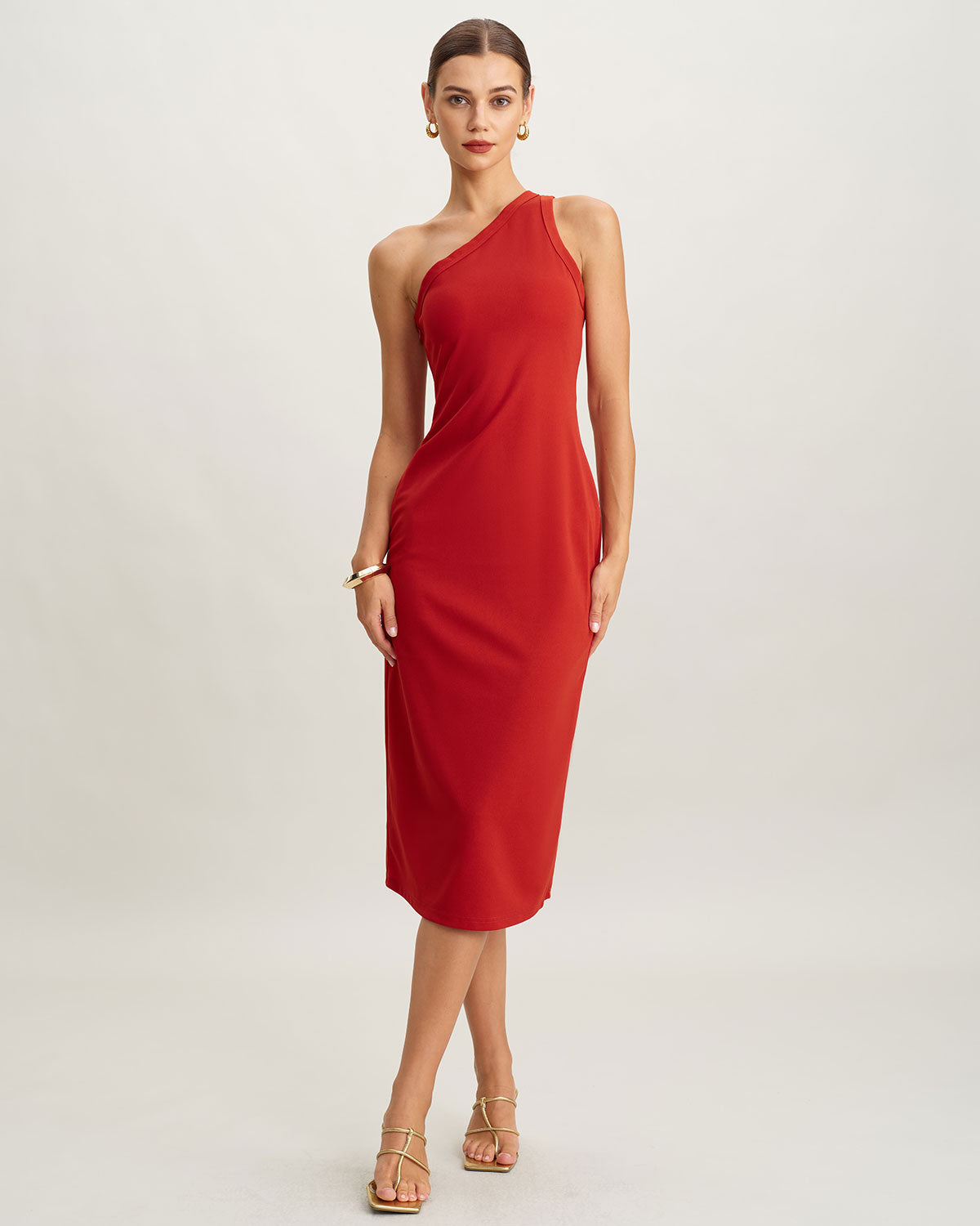 Red Knit One shoulder Midi Dress | Rihoas