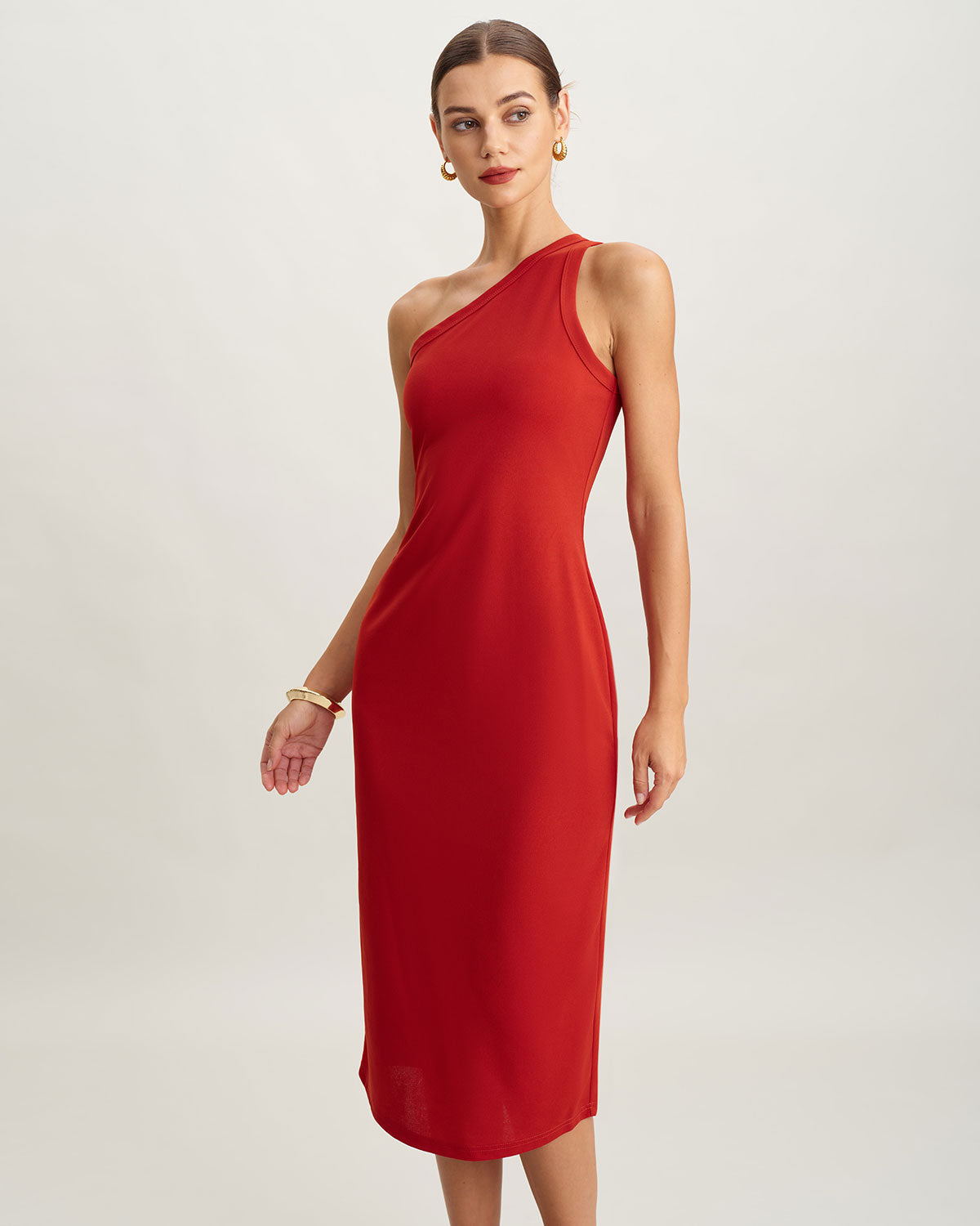 Red Knit One shoulder Midi Dress | Rihoas