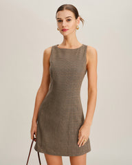 Brown Plaid Sleeveless Mini Dress | Rihoas