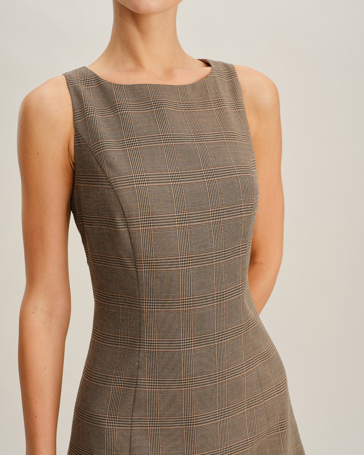 Brown Plaid Sleeveless Mini Dress | Rihoas