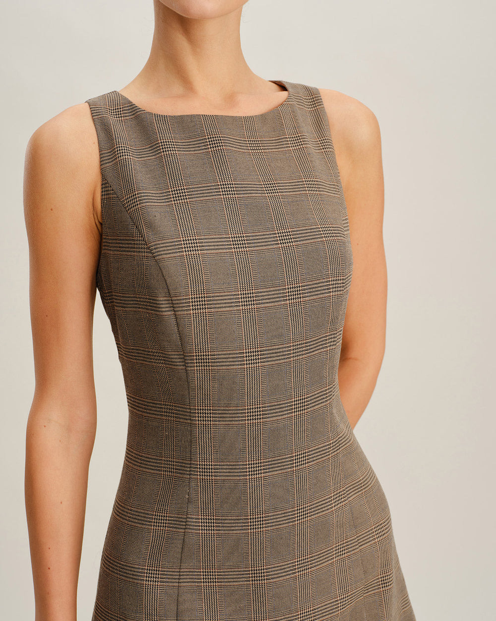 Brown Plaid Sleeveless Mini Dress | Rihoas