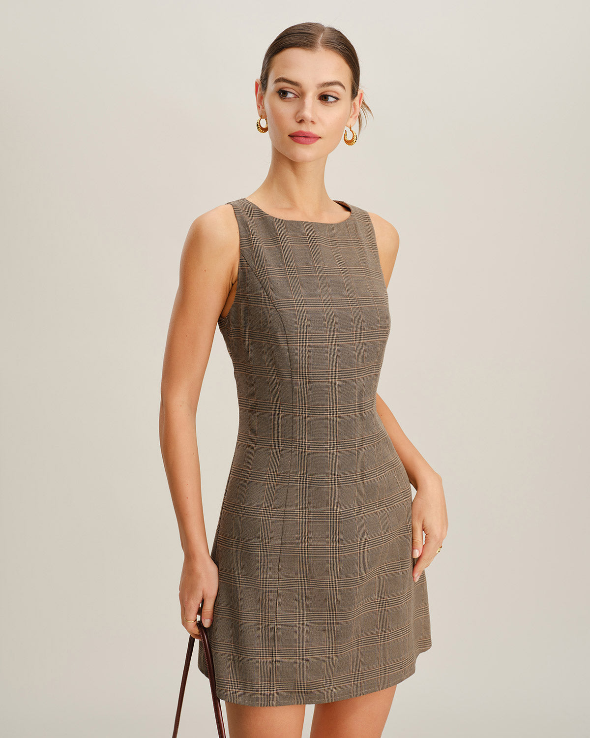 Brown Plaid Sleeveless Mini Dress | Rihoas