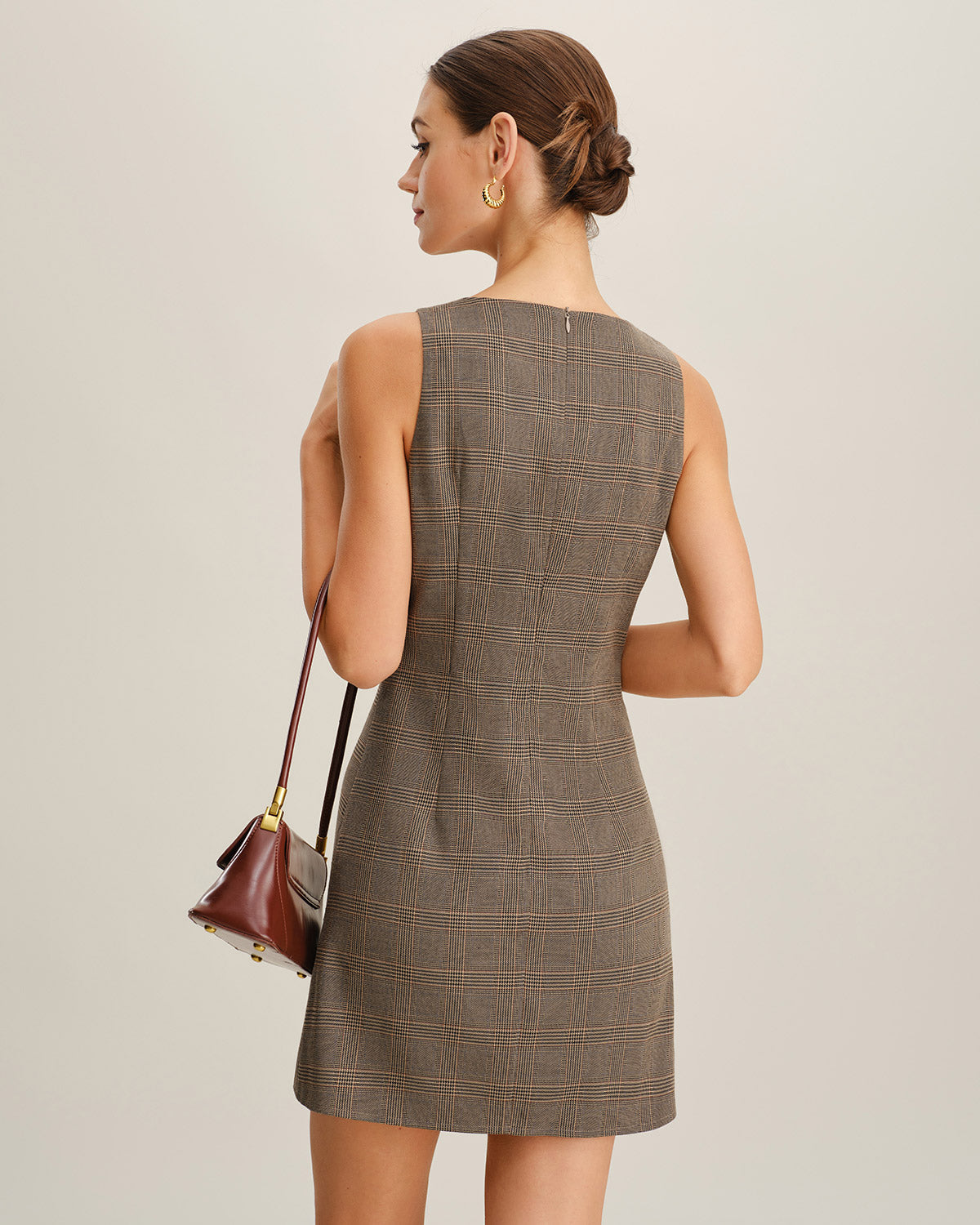 Brown Plaid Sleeveless Mini Dress | Rihoas