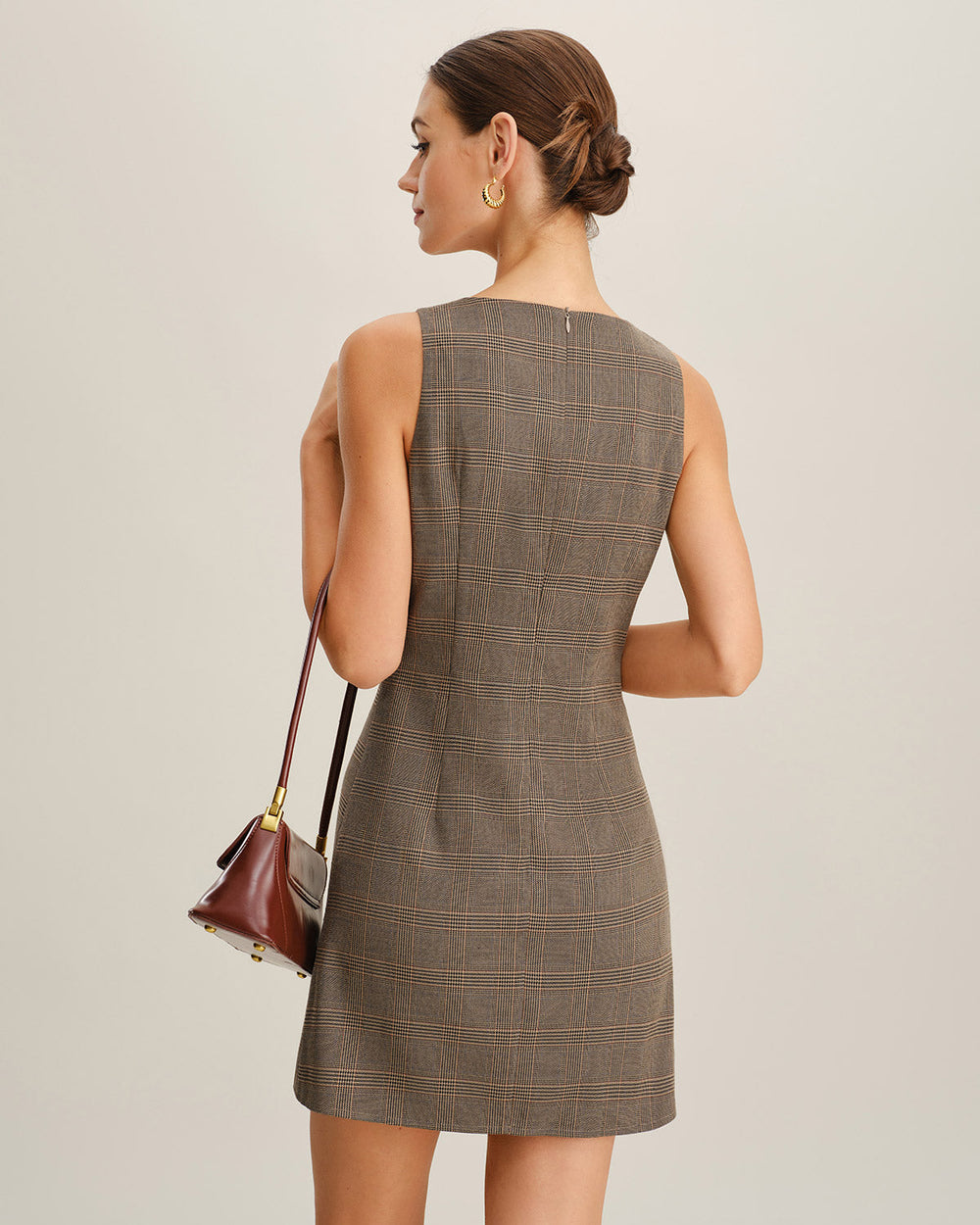 Brown Plaid Sleeveless Mini Dress | Rihoas