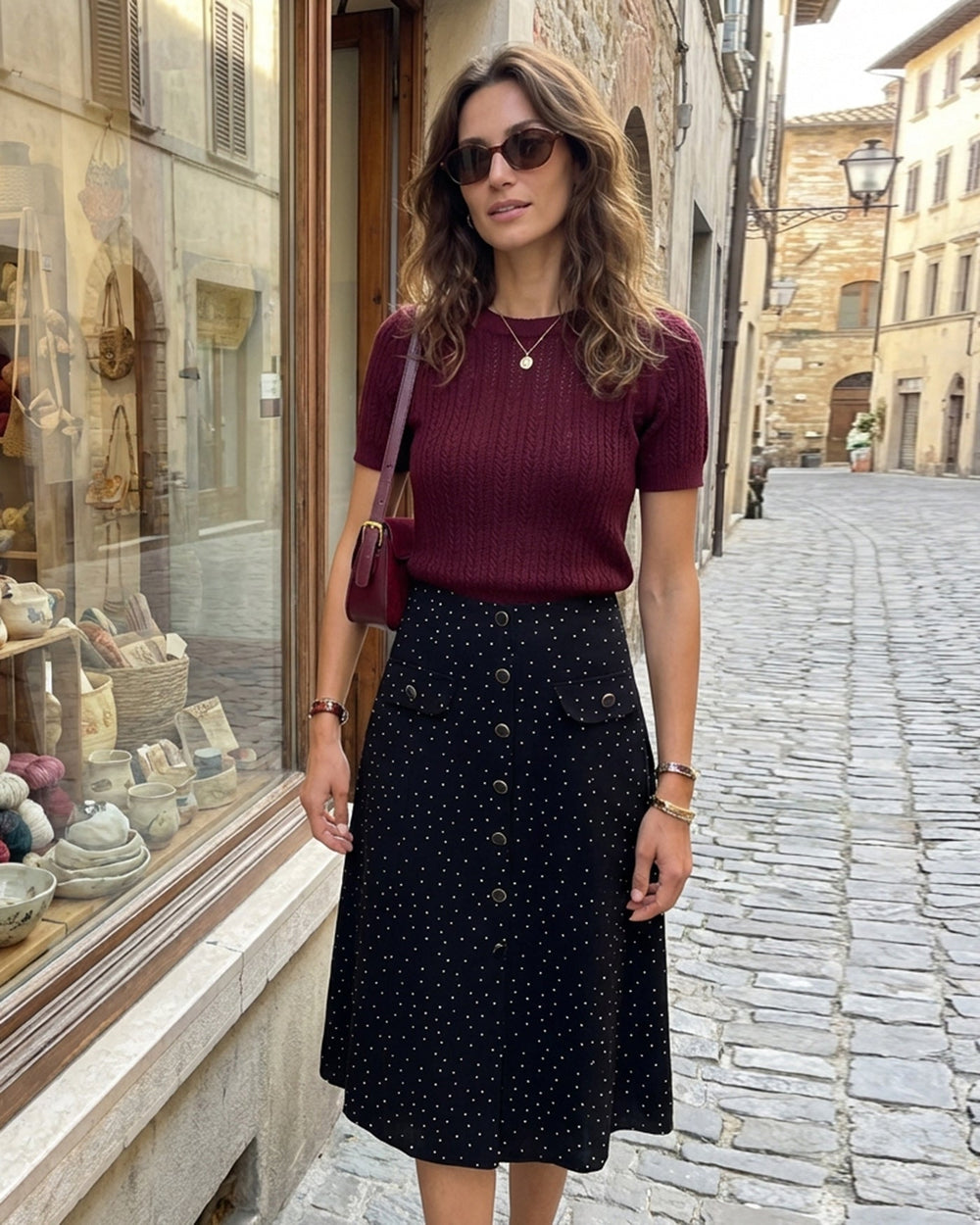 Black Polka Dot Midi Skirt | Rihoas
