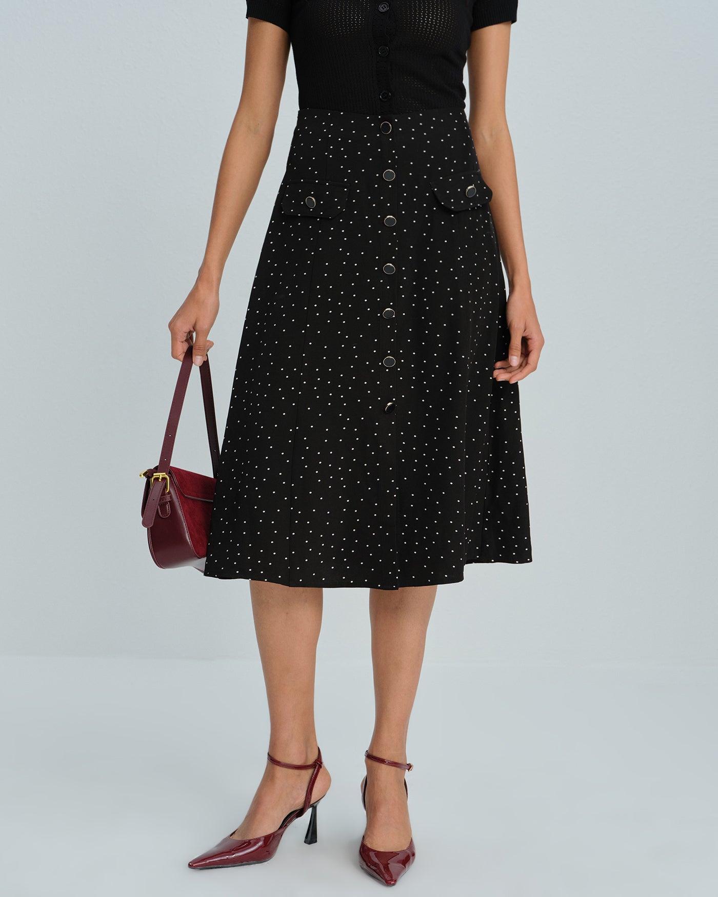 Black Polka Dot Midi Skirt | Rihoas