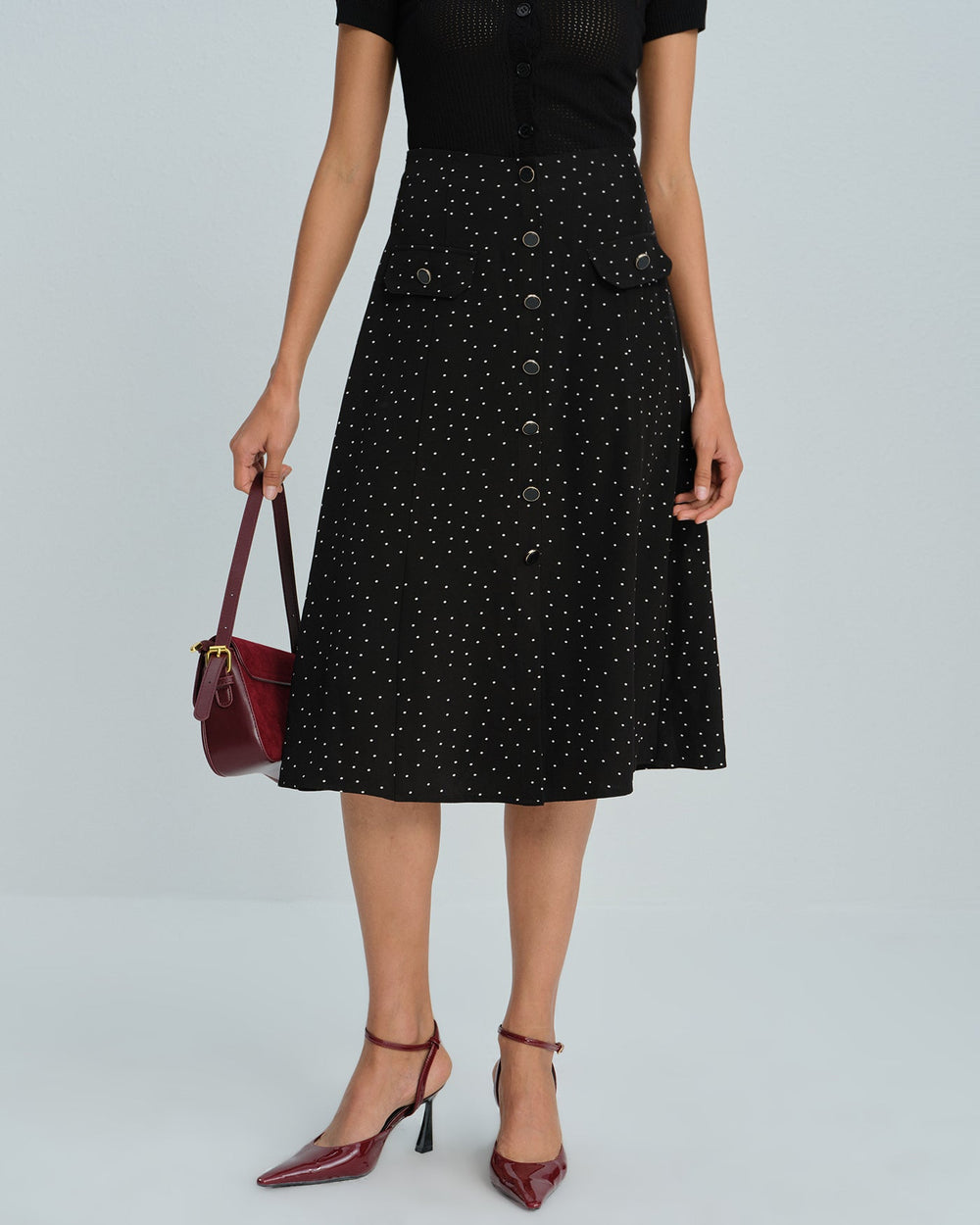 Black Polka Dot Midi Skirt | Rihoas