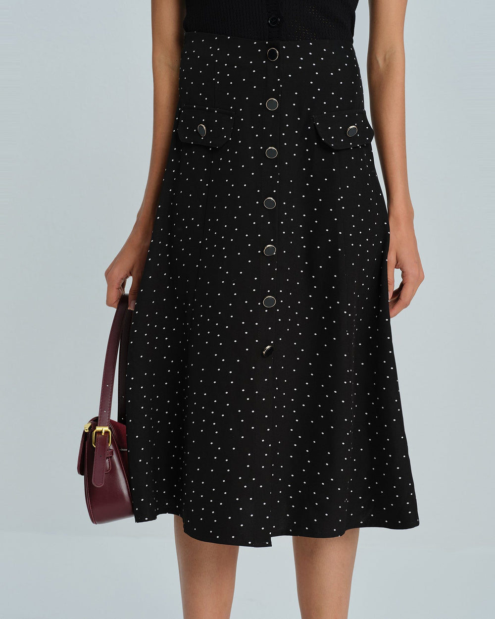 Black Polka Dot Midi Skirt | Rihoas