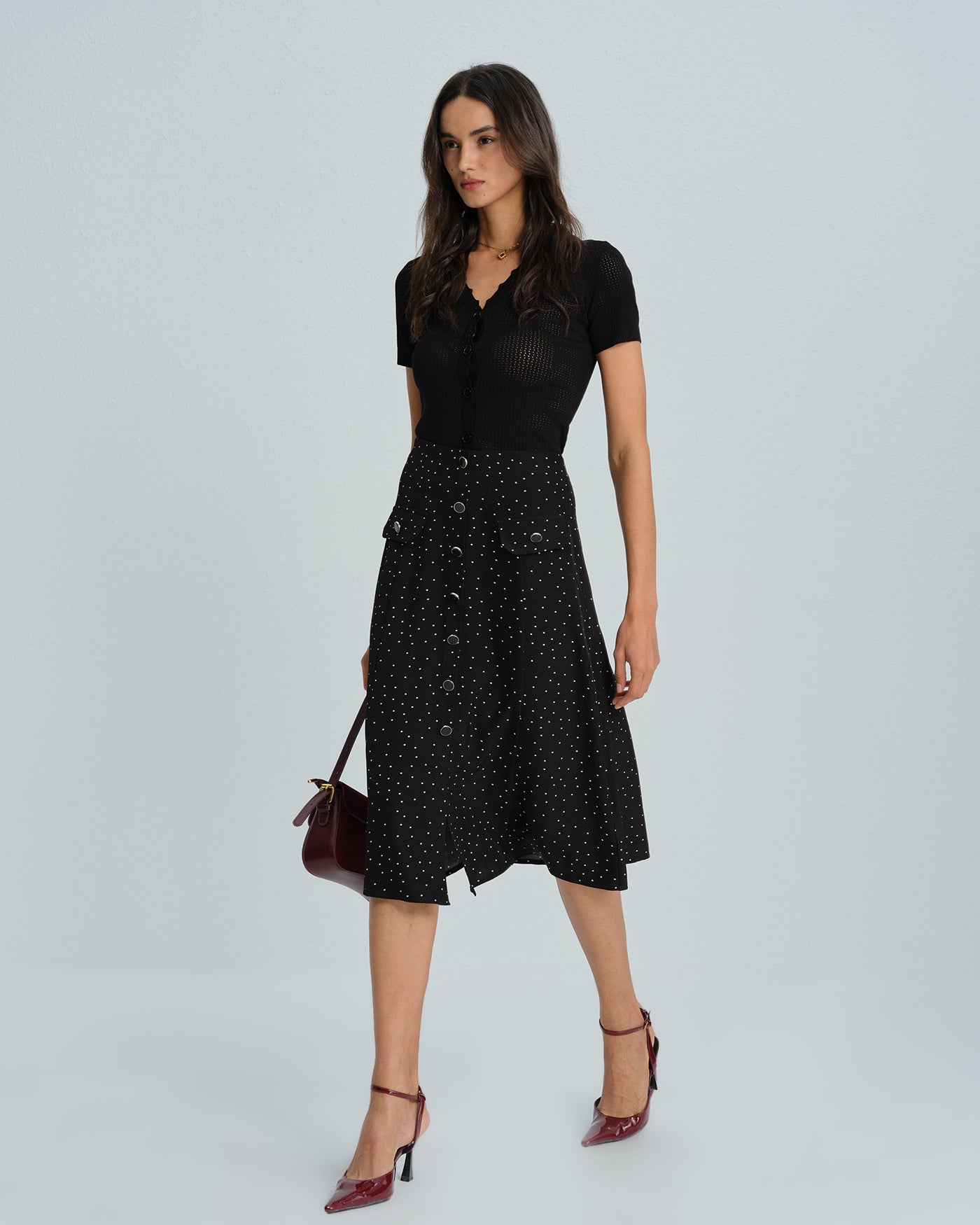 Black Polka Dot Midi Skirt | Rihoas