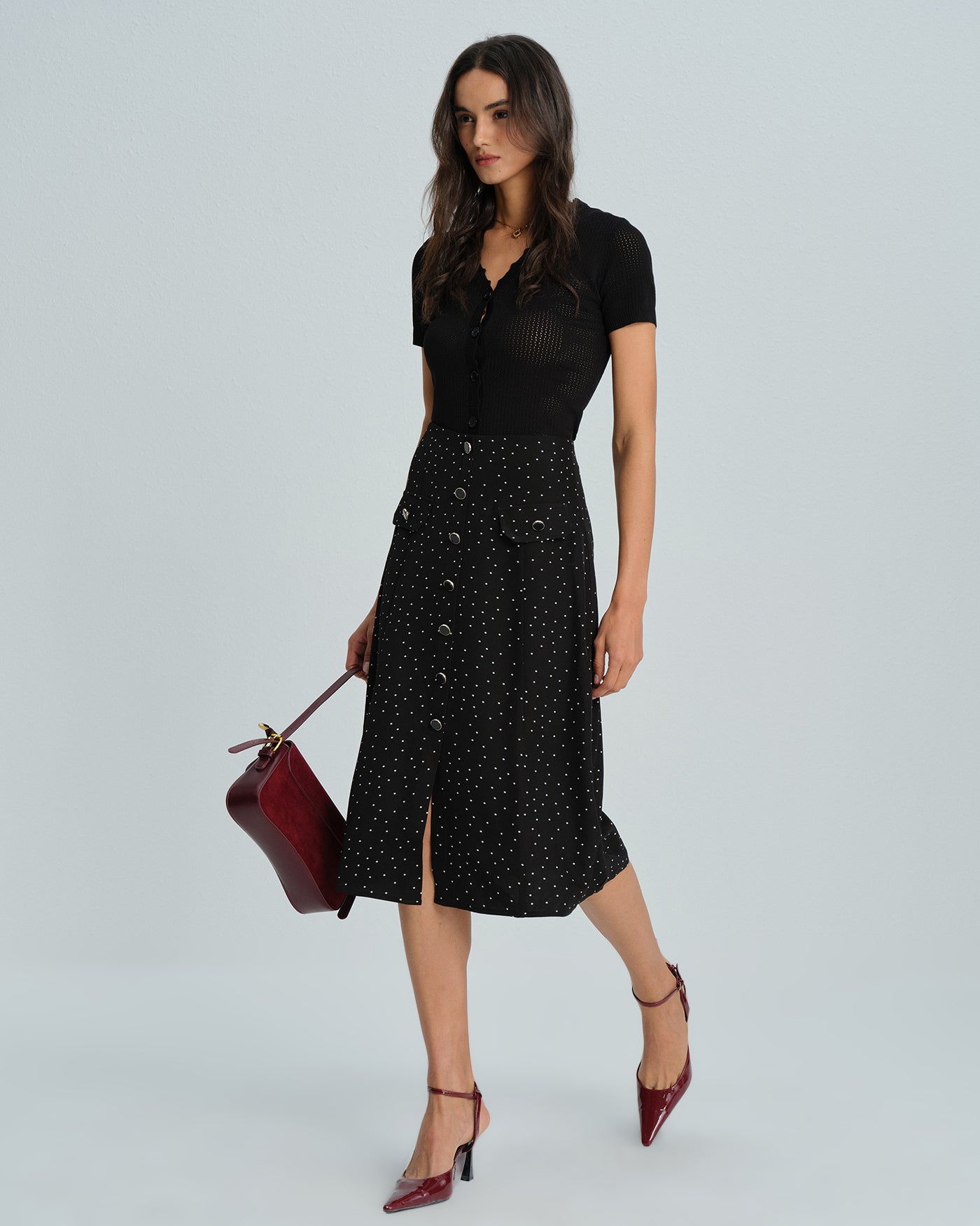 Black Polka Dot Midi Skirt | Rihoas