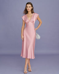 Pink V Neck Lace Satin Midi Dress | Rihoas