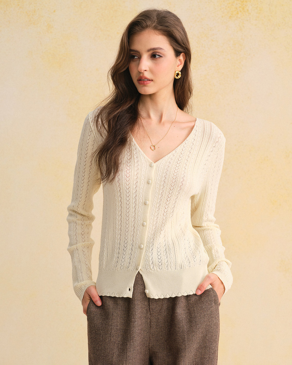 Beige V Neck Slim Knit Cardigan | Rihoas