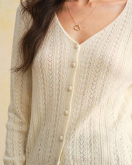 Beige V Neck Slim Knit Cardigan | Rihoas