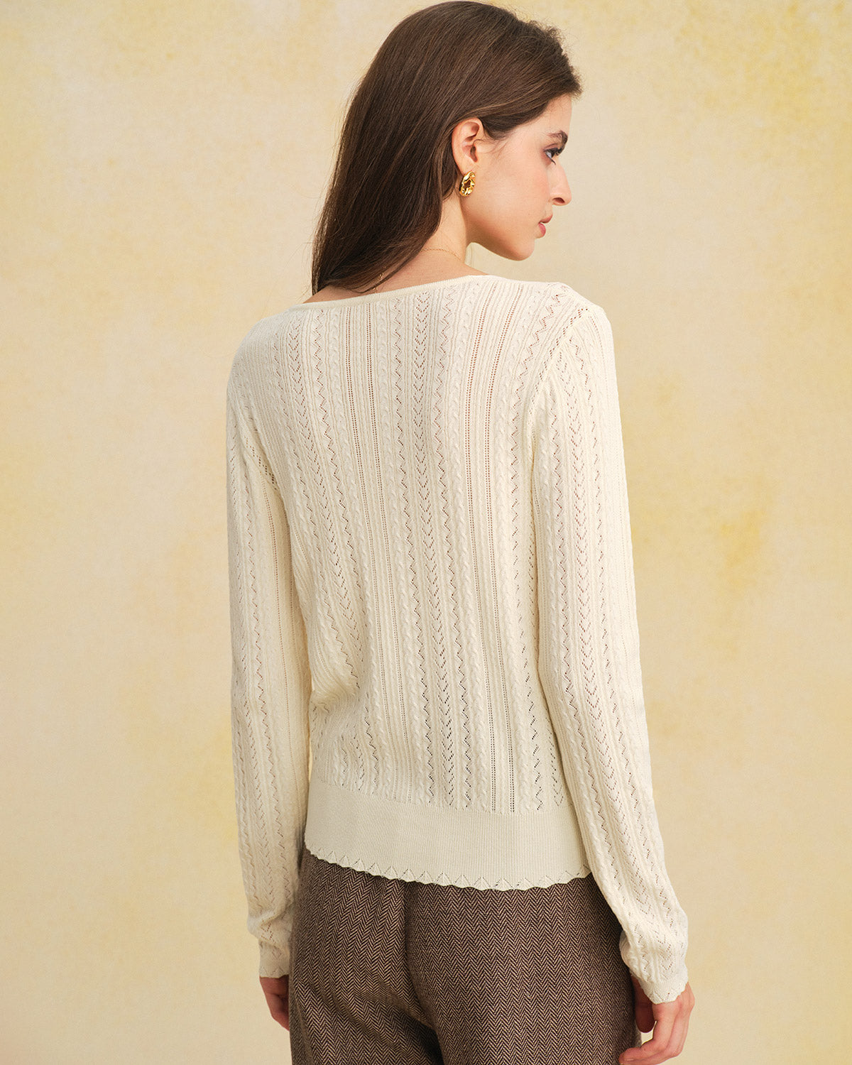 Beige V Neck Slim Knit Cardigan | Rihoas
