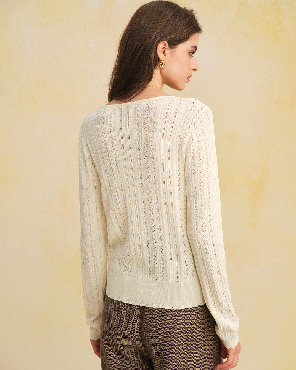 Beige V Neck Slim Knit Cardigan | Rihoas