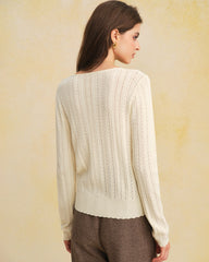Beige V Neck Slim Knit Cardigan | Rihoas