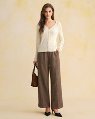 Beige V Neck Slim Knit Cardigan | Rihoas