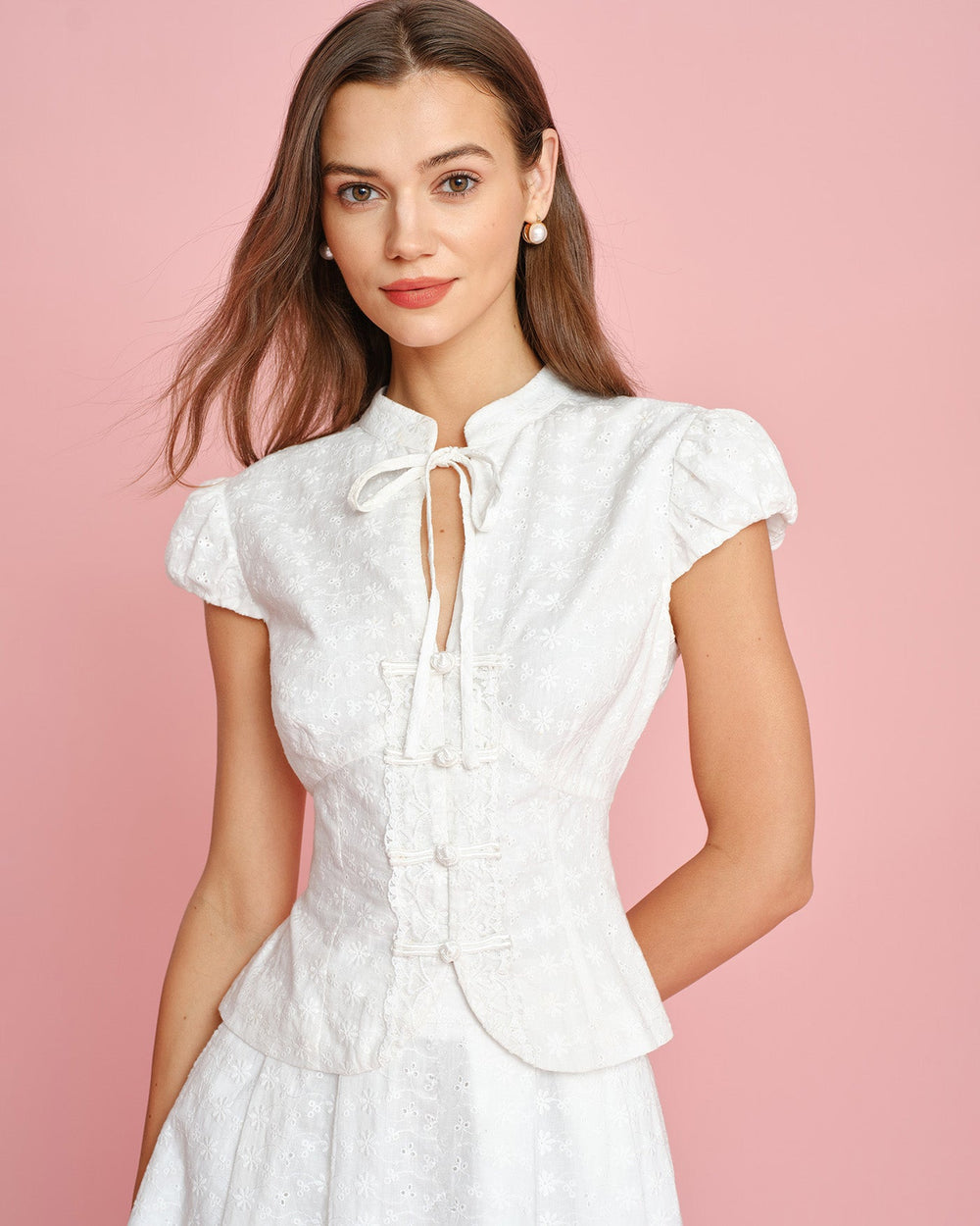 White Mandarin Collar Embroidery Blouse | Rihoas