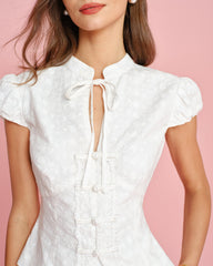 White Mandarin Collar Embroidery Blouse | Rihoas
