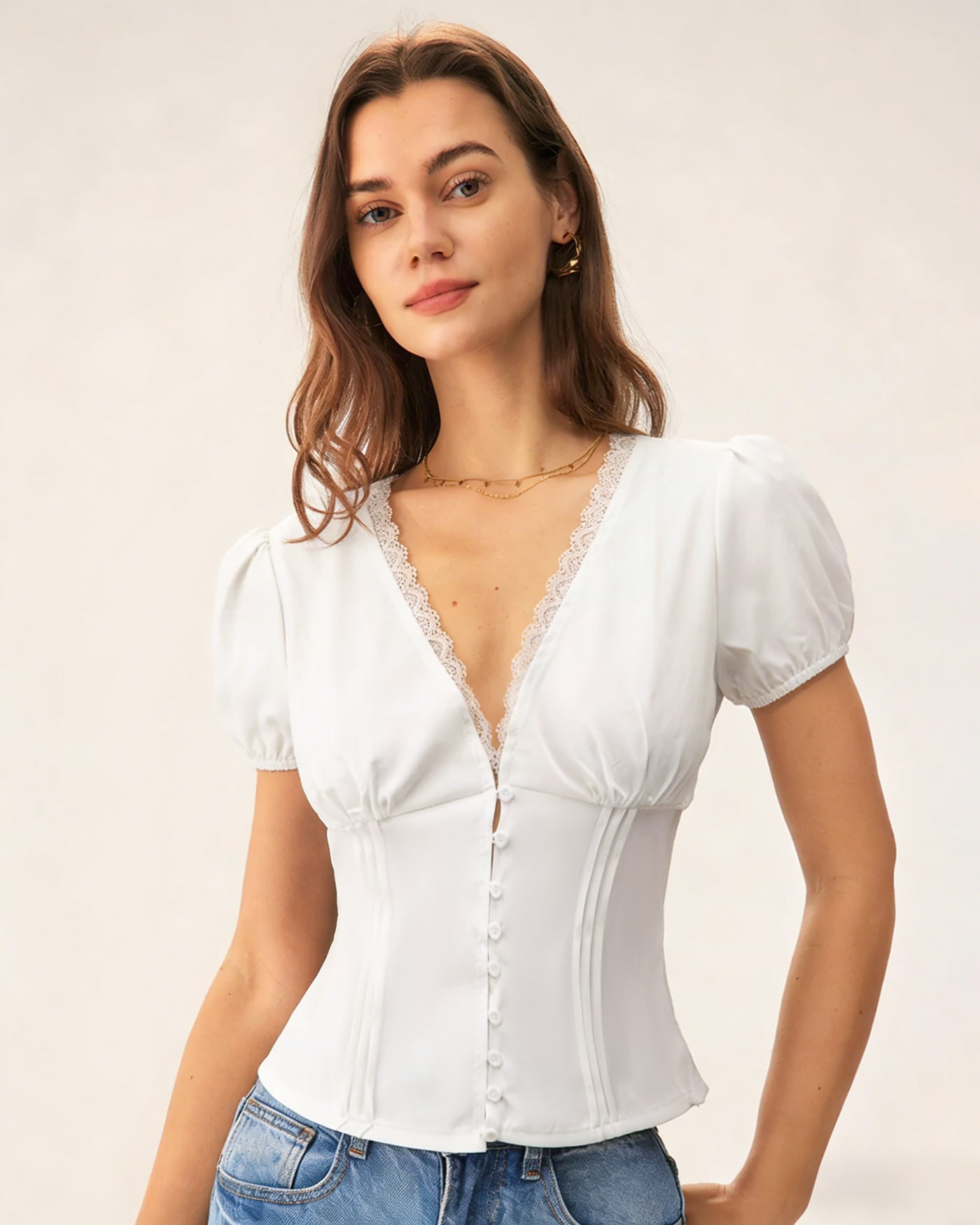 White V Neck Lace Splicing Tee | Rihoas