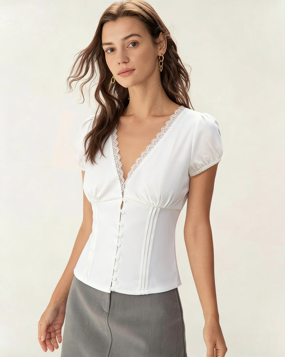White V Neck Lace Splicing Tee | Rihoas