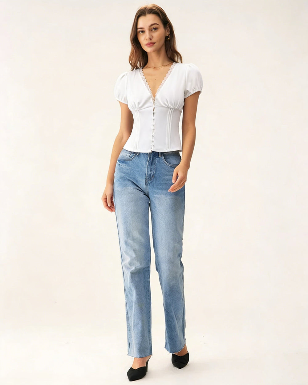 White V Neck Lace Splicing Tee | Rihoas