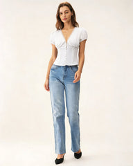 White V Neck Lace Splicing Tee | Rihoas