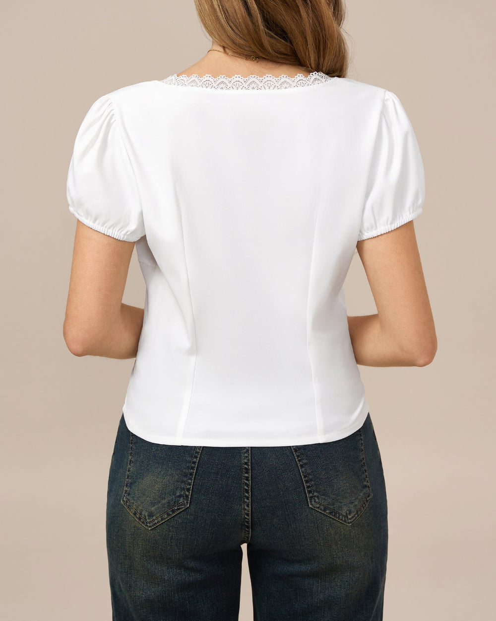 White V Neck Lace Splicing Tee | Rihoas