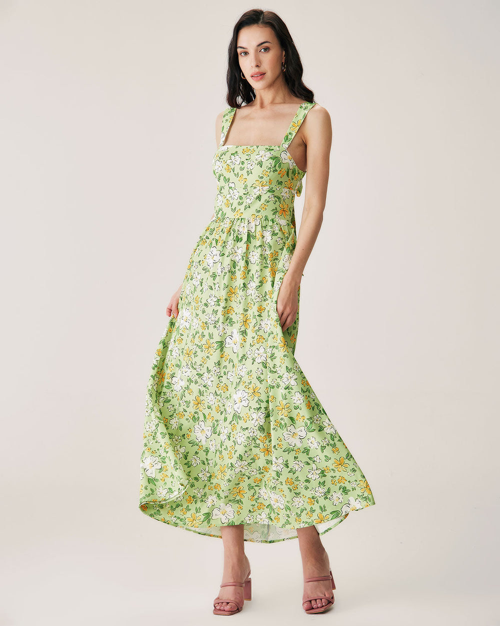 Green Floral Backless Maxi Dress | Rihoas
