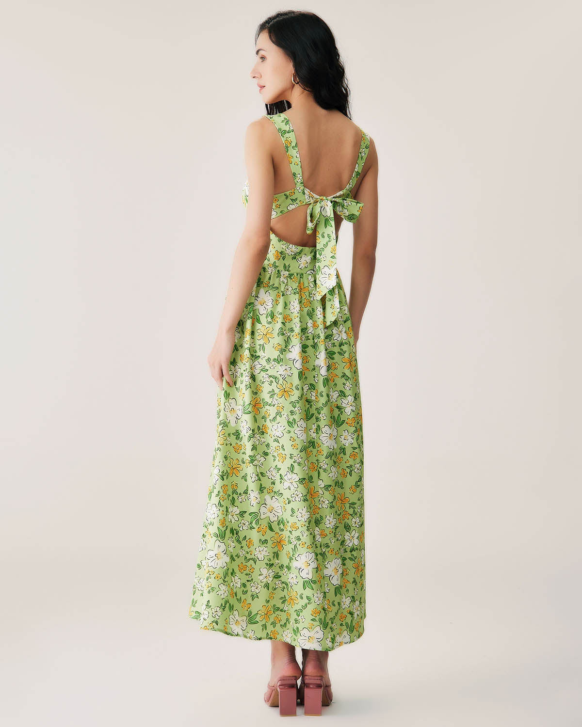 Green Floral Backless Maxi Dress | Rihoas