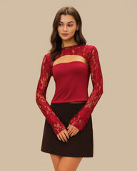 Wine Red Floral Lace Tee | Rihoas