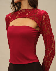 Wine Red Floral Lace Tee | Rihoas