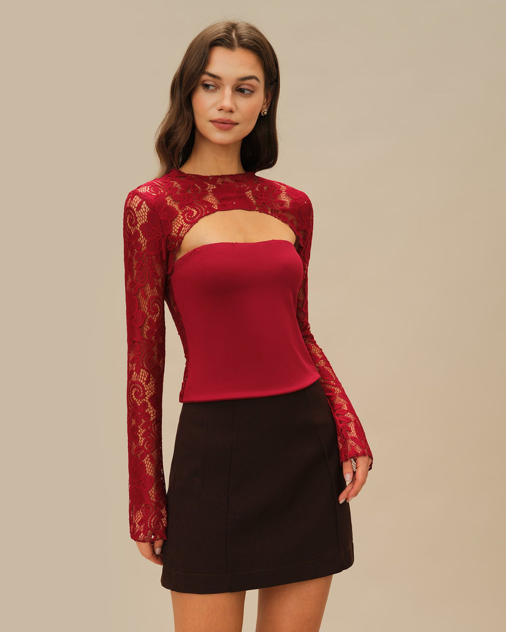 Wine Red Floral Lace Tee | Rihoas