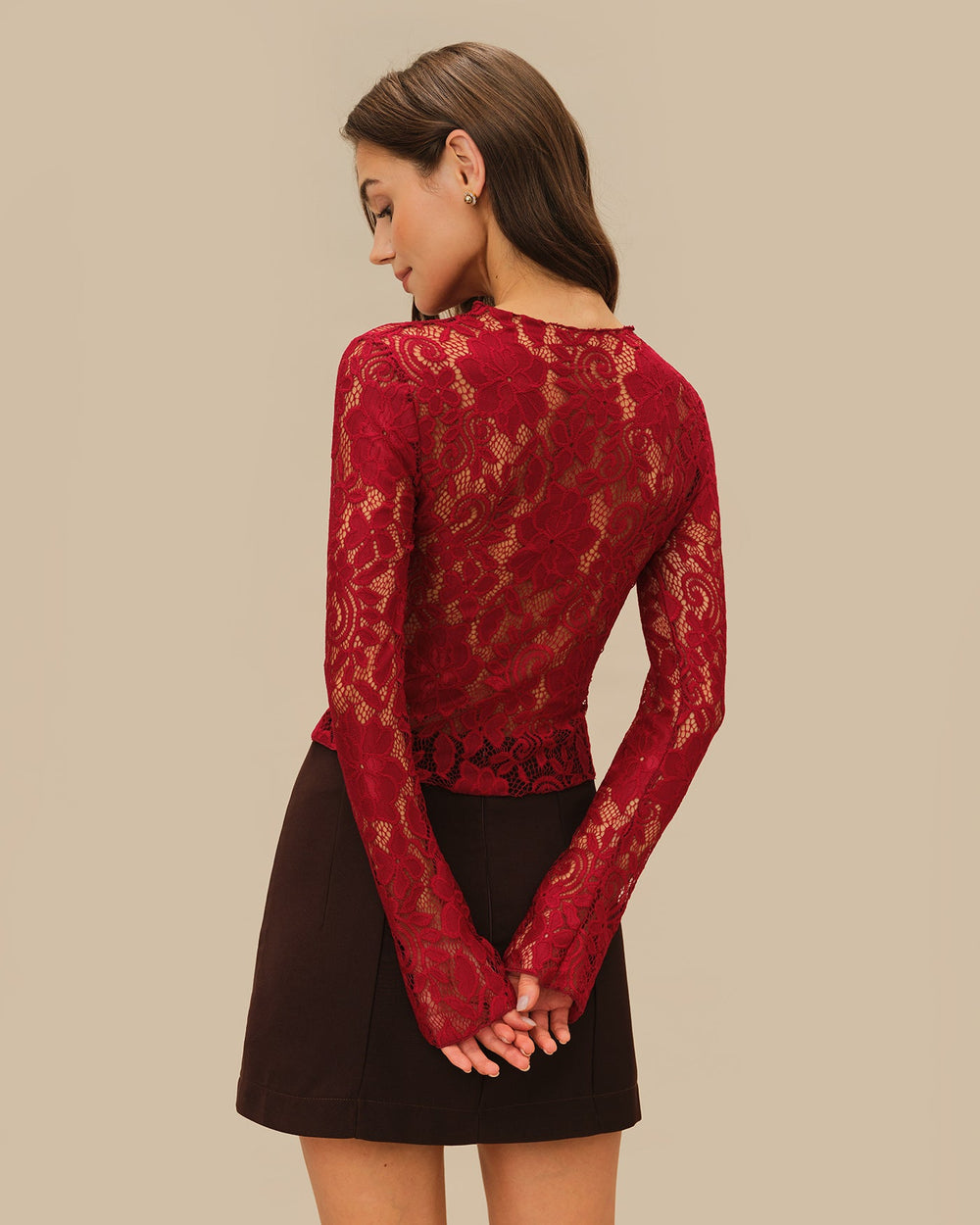 Wine Red Floral Lace Tee | Rihoas
