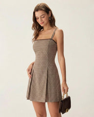 Brown Plaid Ruched Slip Mini Dress | Rihoas