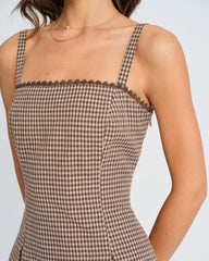 Brown Plaid Ruched Slip Mini Dress | Rihoas