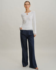 White Round Neck Knit Slim Tee | Rihoas