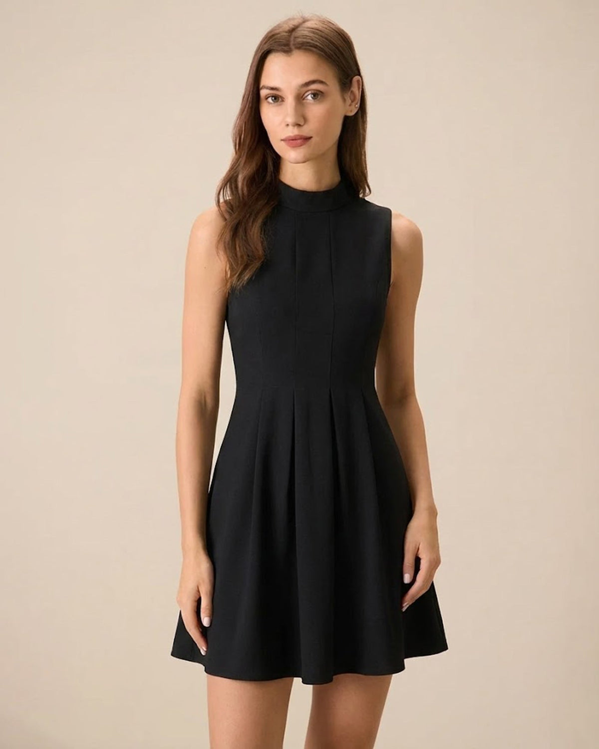Black Mock Neck Ruched Sleeveless Mini Dress | Rihoas