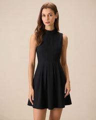 Black Mock Neck Ruched Sleeveless Mini Dress | Rihoas