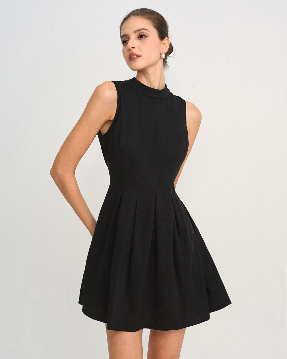 Black Mock Neck Ruched Sleeveless Mini Dress | Rihoas