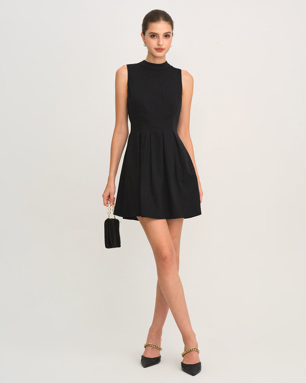 Black Mock Neck Ruched Sleeveless Mini Dress | Rihoas