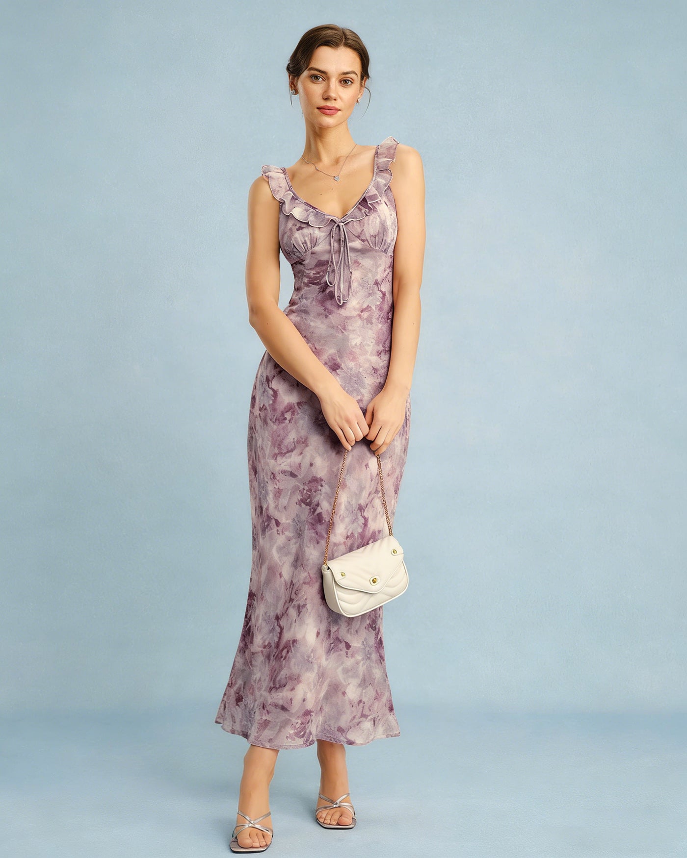 Purple Ruffle A-Line Slip Maxi Dress | Rihoas