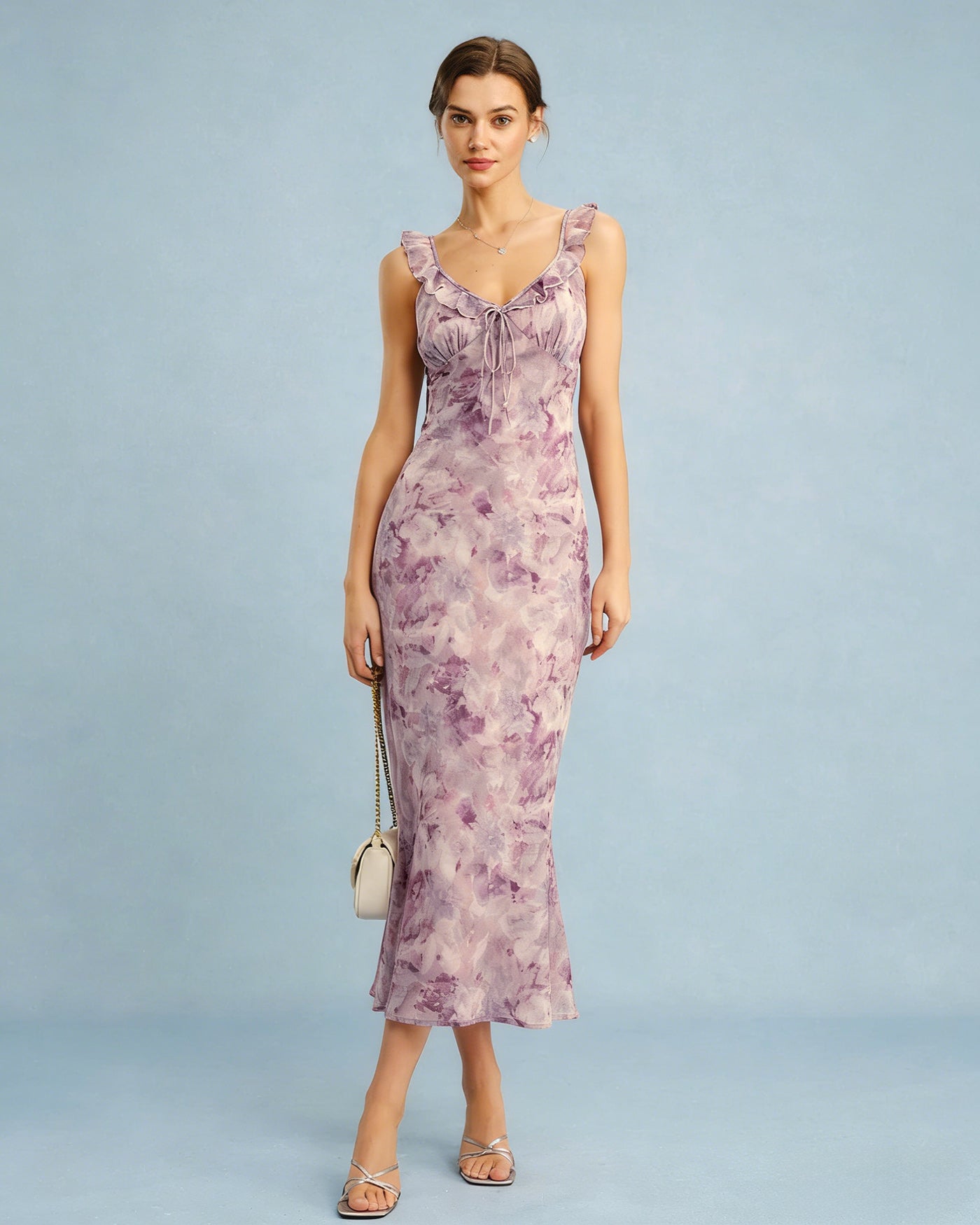Purple Ruffle A-Line Slip Maxi Dress | Rihoas