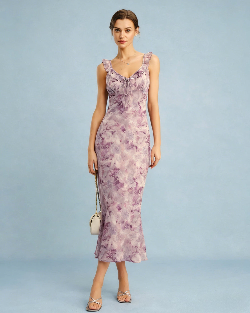 Purple Ruffle A-Line Slip Maxi Dress | Rihoas