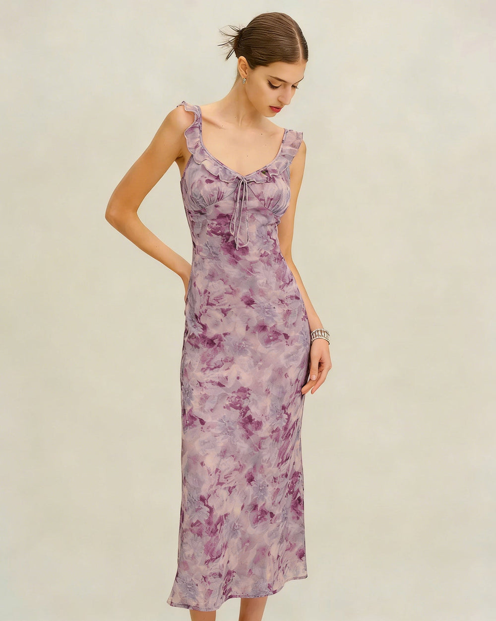 Purple Ruffle A-Line Slip Maxi Dress | Rihoas
