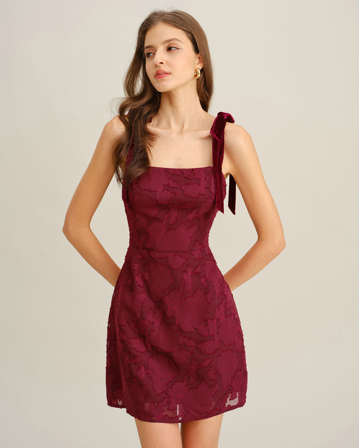 Wine Red Floral Tie Strap Mini Dress | Rihoas