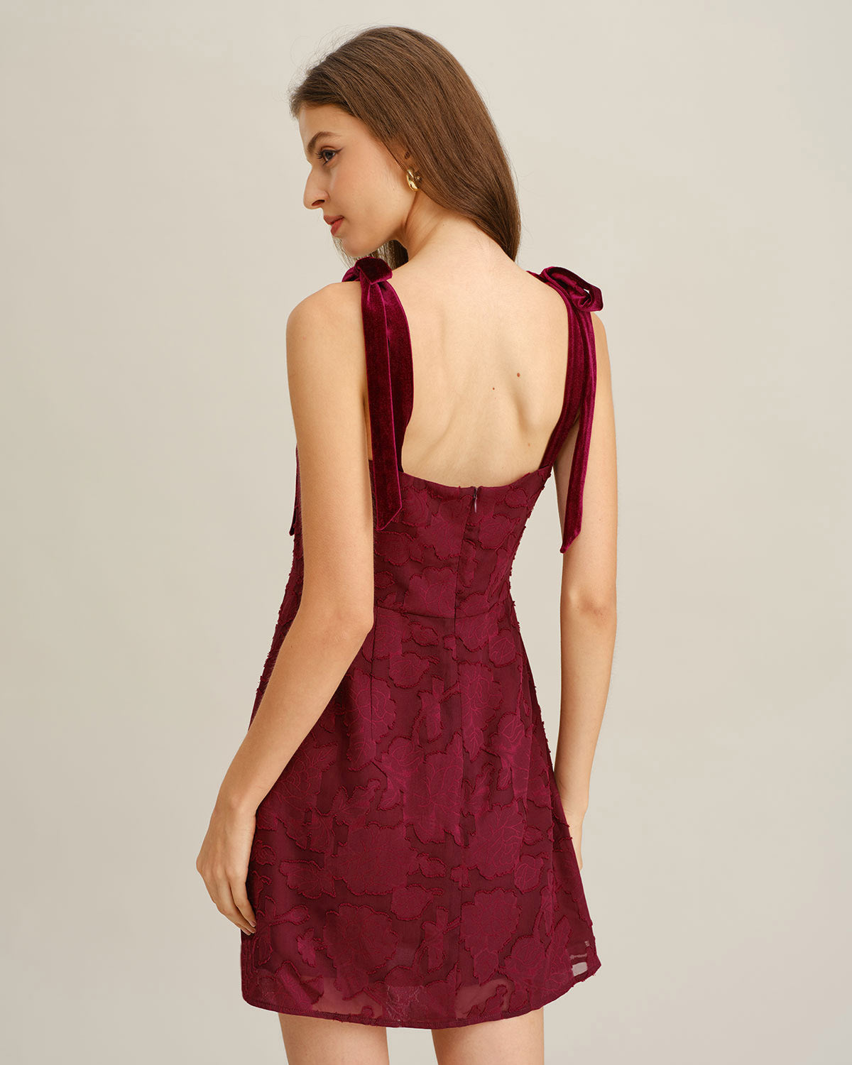 Wine Red Floral Tie Strap Mini Dress | Rihoas