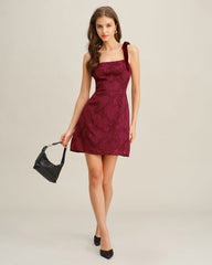 Wine Red Floral Tie Strap Mini Dress | Rihoas