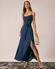 The Navy Cowl Neck Cutout Back Maxi Dress | Rihoas