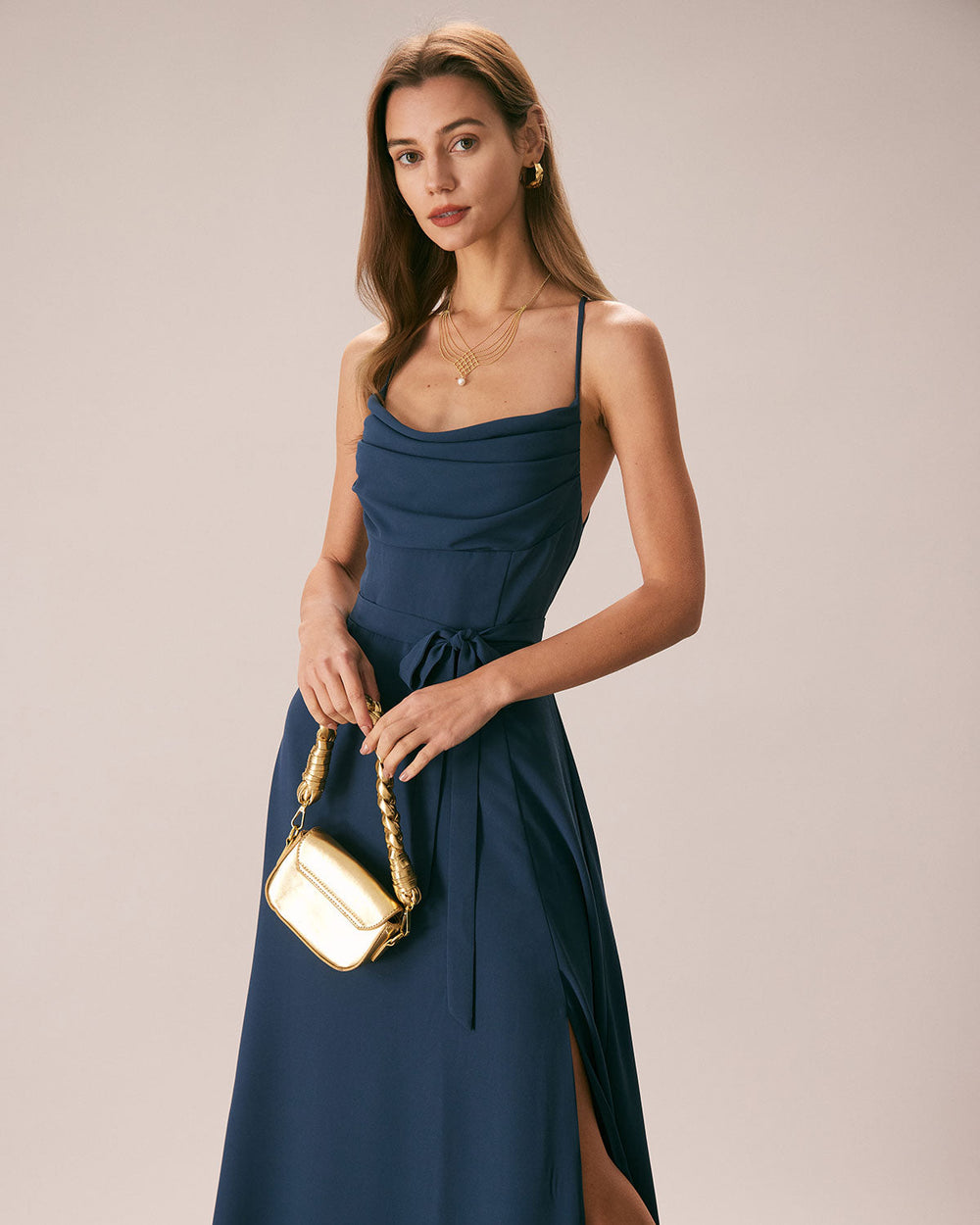 The Navy Cowl Neck Cutout Back Maxi Dress | Rihoas